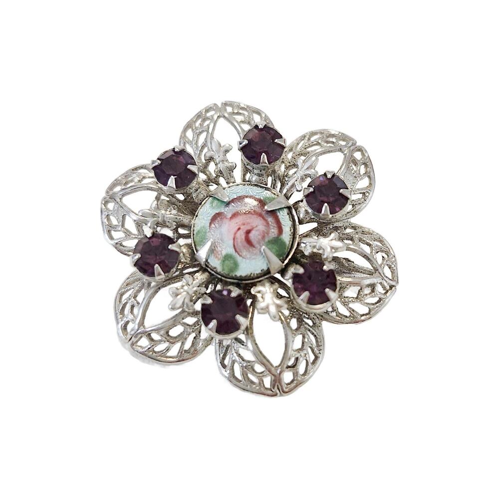 Vintage Silver Filigree Brooch Garnet Rhinestones Pink Rose Guilloche Center